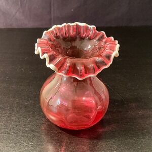 Vintage Fenton Cranberry Snow Crest Glass Vase Ruffled Rim Bud Vase Decor Accent